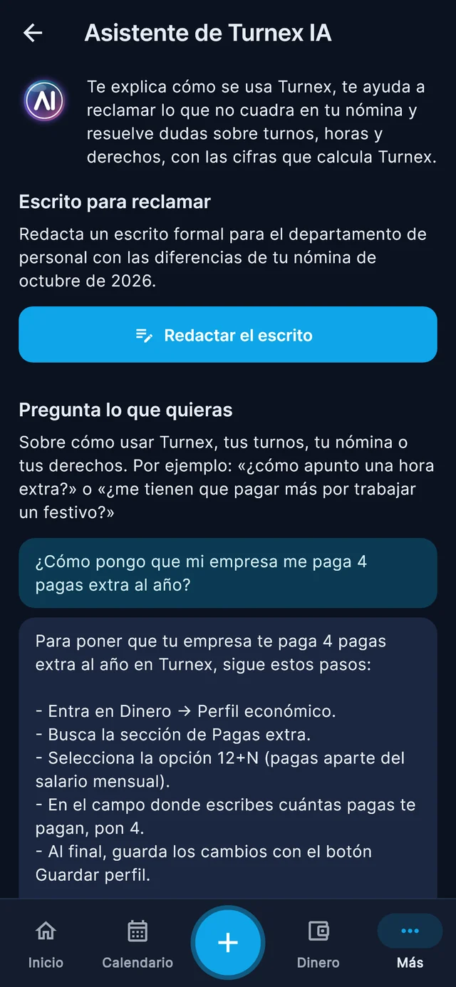 Conversación con el Asistente de Turnex IA: explica paso a paso cómo poner cuatro pagas extra