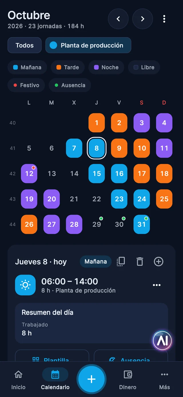 Calendario de Turnex con los turnos de mañana, tarde y noche de todo un mes